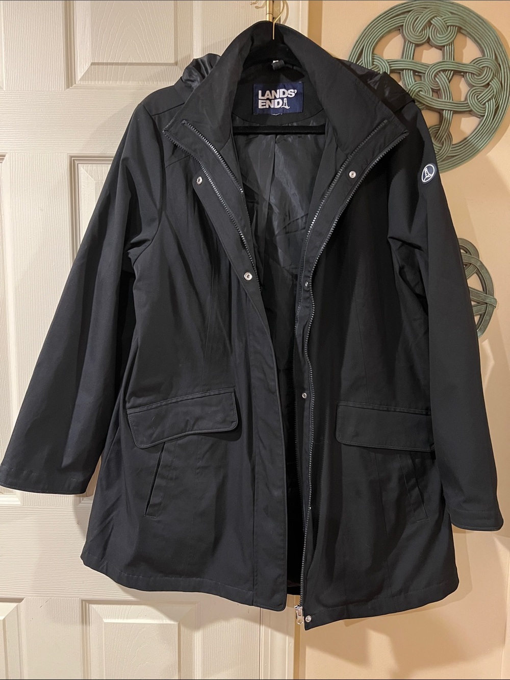 90’s Classic Workwear Casual  Lands' End Black Hooded Waterproof Trench Jacket